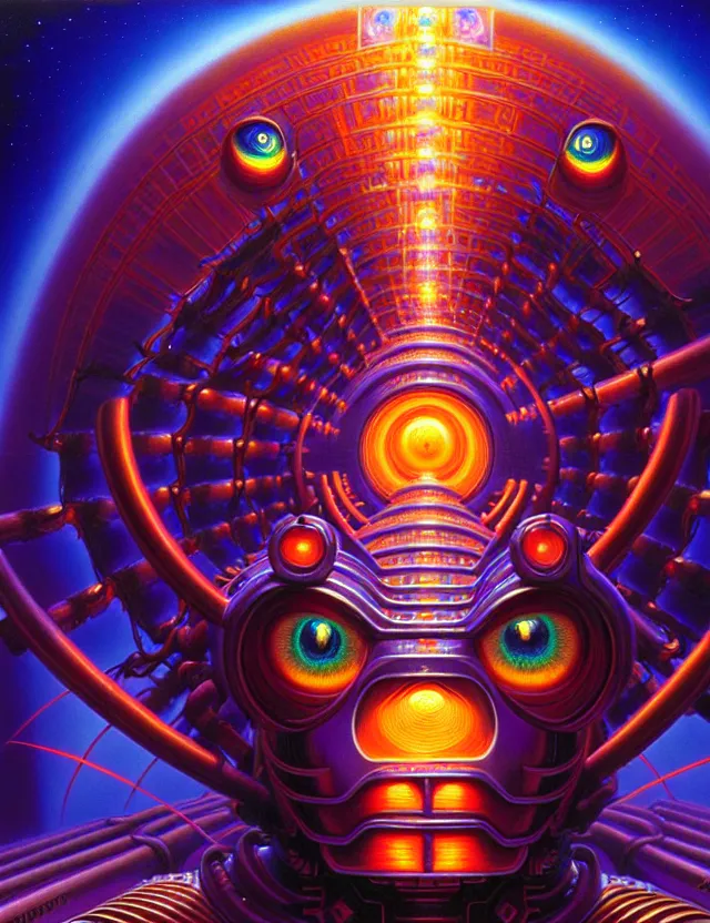 Prompt: holy saint aura battle robot award winning closeup portrait huge insect eyes symmetry faded tetrachromacy desaturated colors trippy background tim hildebrandt wayne barlowe bruce pennington donato giancola larry elmore masterpiece trending on artstation cinematic composition beautiful lighting hyper detailed!!! 8 k oil on canvas