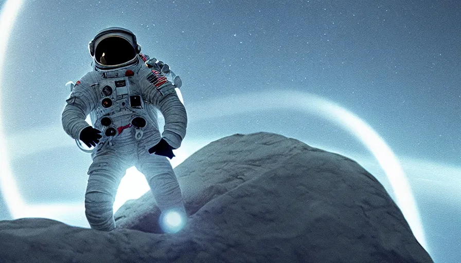 Image similar to movie still of a transcendental astronaut being, cinematic composition, cinematic light, anamorphic lens