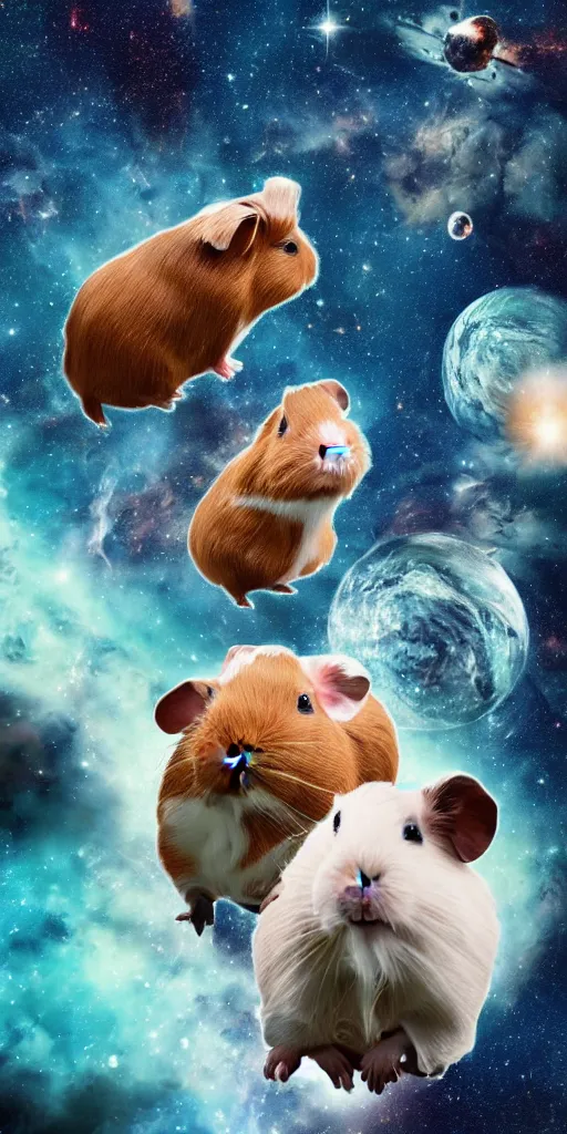 Image similar to ultra realistic guineapigs floating in space suits floating in space on the cover of vogue magazine, 4 k, 8 k, nebula, universe, many stars, space station