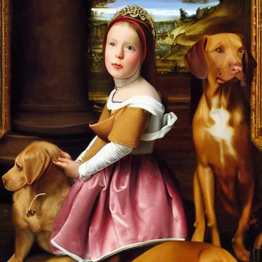 Prompt: a brown labrador dog sitting wearing princess clothes, renaissance painting, high quality, high detail, portait