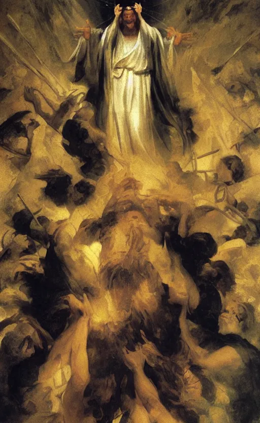 Image similar to jesus christ wearing blindfold!!!!! holding cornucopia!!!!!!! sitting on a huge!!!! throne of entwined bodies, elegant, ominous, highly detailed painting by goya!!! phil hale!! gaston bussiere, craig mullins, j. c. leyendecker, 8 k, mid shot