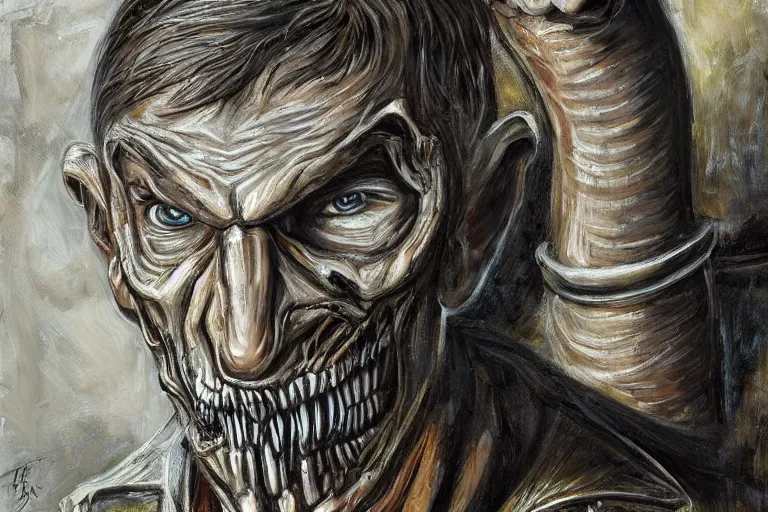 Image similar to portrait of streamer jerma 9 8 5!!, jeremy elbertson, painting by h. r. giger, lovecraftian horror, strands of being, metal album cover, high detail, sharp, sus guy, inhuman figure