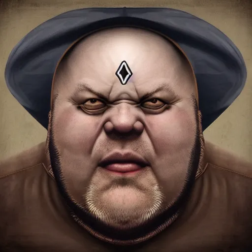 Image similar to realistic symmetrical photobash matte tarot portrait of a fat balding grey goblin with no teeth wearing a bavarian hat, background sacred geometry, Featured on Artstation, by Sheilah Beckett, wlop, Sharandula, Hiroshi Yoshida, Tom Bagshaw, Artgerm and Craig Mullins. Featured on Artstation, cgsociety, Behance, rainbow color scheme, narrative realism,f22,highly detailed,v-ray render,photorealistic,4k hd wallpaper