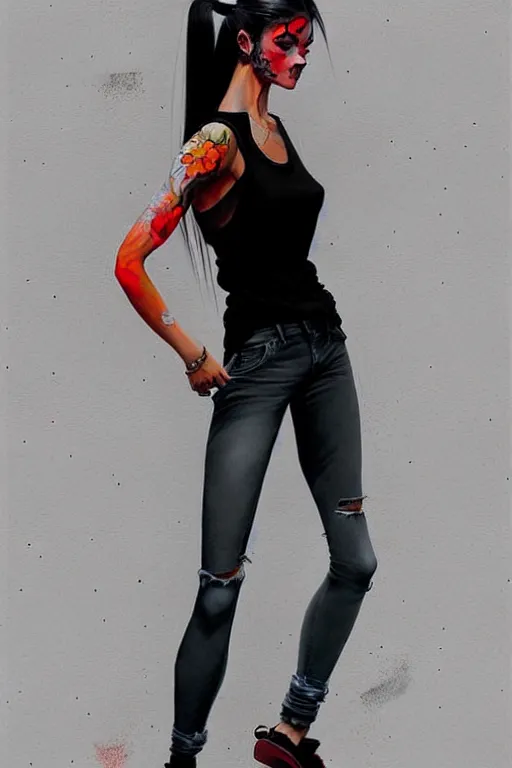 Image similar to a ultradetailed beautiful full body painting of a stylish woman with a ponytail, she is wearing a black tank top and jeans, by conrad roset, greg rutkowski and makoto shinkai trending on artstation