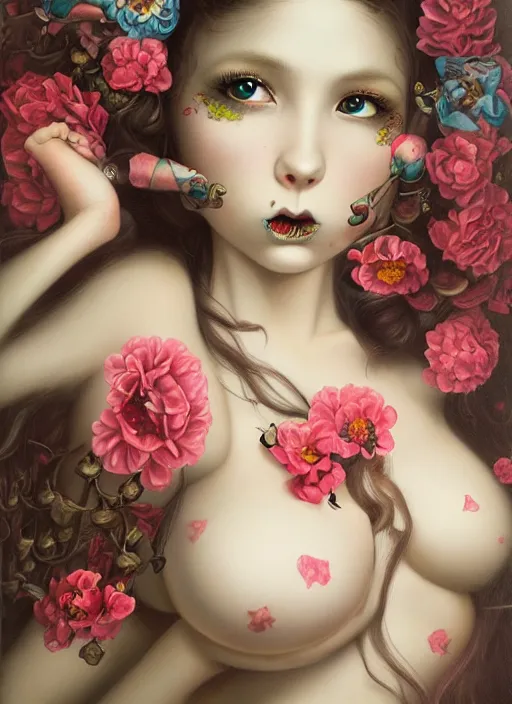 Image similar to pop surrealism, lowbrow art, realistic seductive cute woman painting, long hair, japanese shibari with flowers, hyper realism, muted colours, rococo, natalie shau, loreta lux, tom bagshaw, mark ryden, trevor brown style,