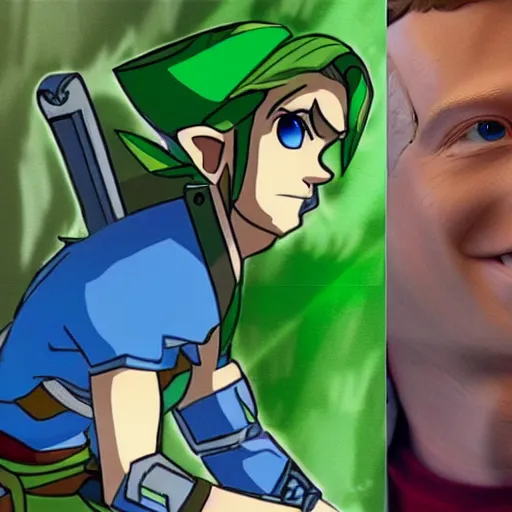 Image similar to a fusion of Link from the Legend of Zelda series and Mark Zuckerberg