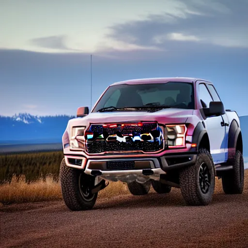 Prompt: a highly detailed photo of a ford raptor in alberta canada at sundown, 4 k high - resolution photograph, ultra detail, hd photo