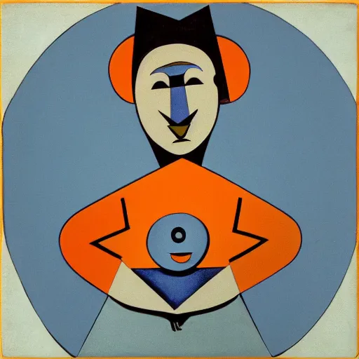 Prompt: abstract, and somewhat cubist. the central image is of a round, happy looking man, his hands spread wide. he smiles up towards an orange sun. the background is a dark, murky, blueish color. the effect is somewhat disturbing.