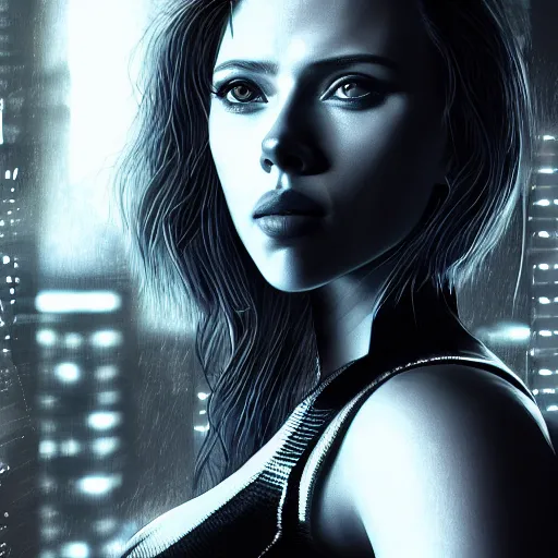 Image similar to ultra realistic and intricate detailed photoshoot of Scarlett Johansson as a cyberpunk woman looking out at city, neon, cyberpunk, technology, innovation, bright modern style, blade runner, artstation, unreal render, depth of field, ambient lighting, award winning, stunning