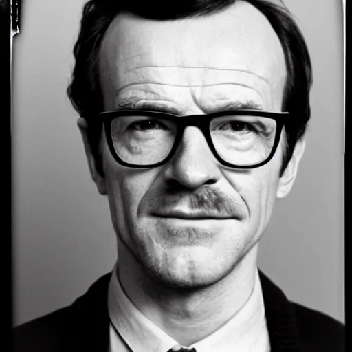 Prompt: 1970s of Mugshot Portrait of Bryan Cranston with glasses and no beard and a receding hairline, dressed in 1970s menswear, taken in the 1970s, photo taken on a 1970s polaroid camera, grainy, real life, hyperrealistic, ultra realistic, realistic, highly detailed, epic, HD quality, 8k resolution, body and headshot, film still, front facing, front view, headshot and bodyshot, detailed face, very detailed face