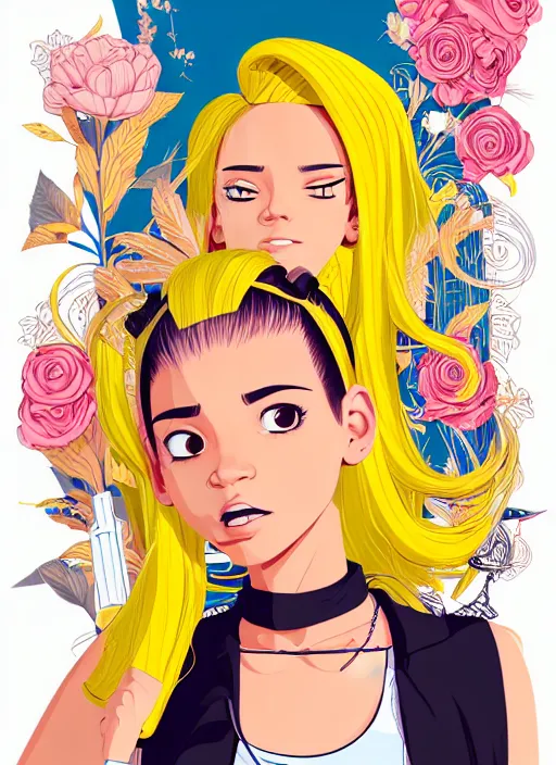 Prompt: character portrait of a cool latino girl with yellow hair, with a 1 3 9 hairstyle, wearing a tanktop, lesbian, highly detailed, stylized, medium shot, vector line art, clean cel shaded vector art, by ross tron, lois van baarle, artgerm, helen huang, makoto shinkai, ilya kuvshinov, rossdraws