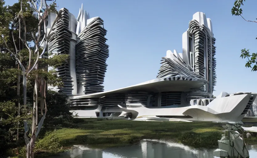 Prompt: a futuristic architectural masterpiece by frank Lloyd wright and Zaha hadid, detailed