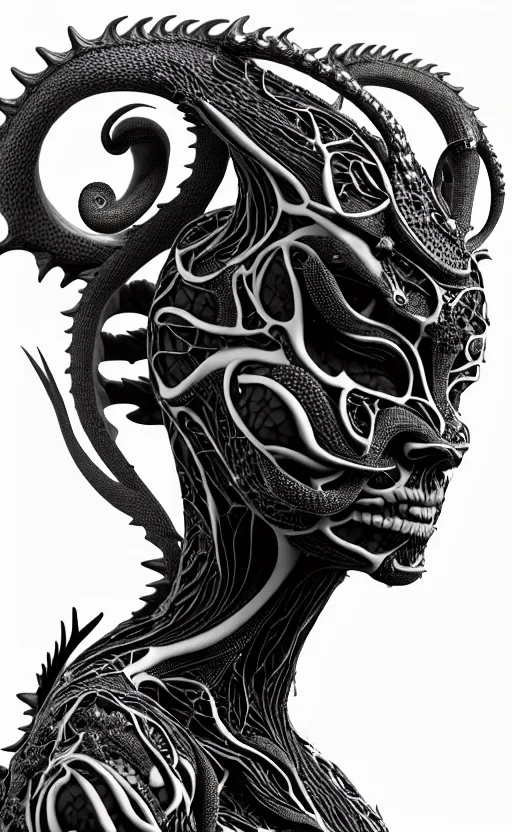 Image similar to a black and white 3D render of a beautiful profile face portrait of a female dragon-cyborg, 150 mm, flowers, Mandelbrot fractal, anatomical, flesh, facial muscles, wires, microchip, veins, arteries, full frame, microscopic, elegant, highly detailed, flesh ornate, elegant, high fashion, rim light, octane render in the style of H.R. Giger and Man Ray