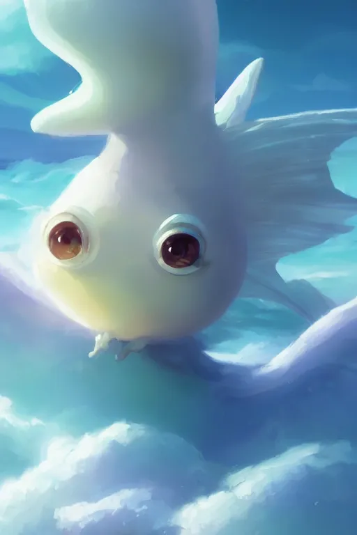 Prompt: a very cute sea slug angel, by rhads, makoto shinkai and lois van baarle, johannes voss, low angle fisheye view, sky whith plump white clouds, elegant, highly detailed, artstation, 8 k, unreal engine, hdr, concept art, volumetric lighting matte