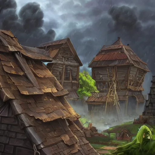 Prompt: trending on artstation, hearthstone. structures with tile roofs, and peaked wooden roofs, structures blackened to some degree by a patina of soot. structures darkest at the top, where the ash gathered, but rainwaters and evening condensations had carried the stains over ledges and down walls in an uneven gradient.