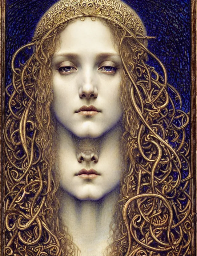 Image similar to detailed realistic beautiful young medieval queen face portrait by jean delville, gustave dore and marco mazzoni, art nouveau, symbolist, visionary, gothic, pre - raphaelite. horizontal symmetry