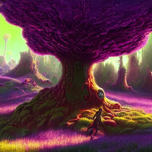 Image similar to concept art painting of a fantasy alien fungal landscape at night, magenta trees, glowing blue mushrooms, village of houses made of mushrooms, dark purple sky, realistic, detailed, cel shaded, in the style of makoto shinkai and greg rutkowski and albert bierstadt and james gurney