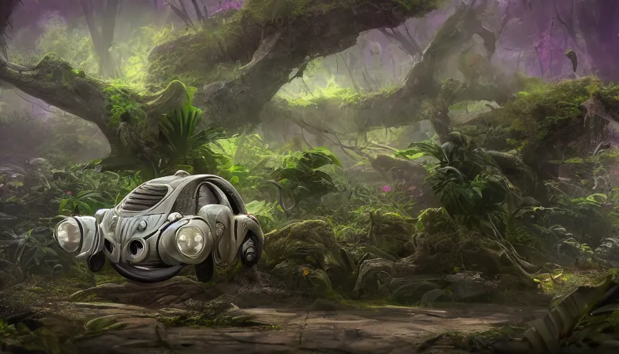 Image similar to A fancy alien car abandoned on a magical biome of full of oddities, slimy plants and trees, goofy, sparky, positive vibes, behance, artstation, unreal render, unreal engine 5, octane, smooth, 8k