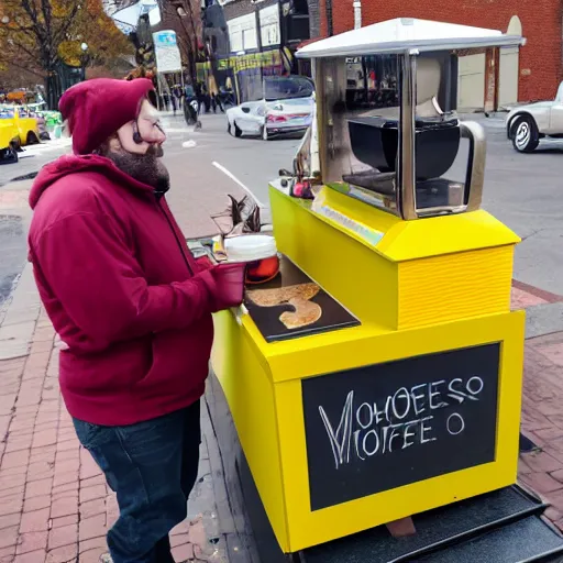 Image similar to a moose with a yellow hoodie selling coffee at a stand in downtown peterborough new hampshire, realistic, 8 k