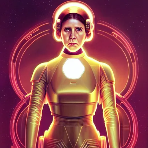 Image similar to symmetry!! portrait of young carrie fisher, gold sci - fi armour, tech wear, glowing lights!! sci - fi, intricate, elegant, highly detailed, digital painting, artstation, concept art, smooth, sharp focus, illustration, art by artgerm and greg rutkowski and alphonse mucha