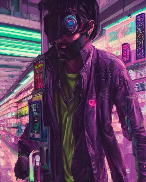 Image similar to cyberpunk man shopping at a neon soaked grocery store, science fiction painting, elegant intricate digital painting artstation, art by masamune shirow, detailed