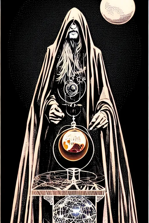 Image similar to sitting cloaked steampunk wizard holding crystal ball, high details, intricately detailed, by vincent di fate, inking, 3 color screen print, masterpiece, trending on artstation,, sharp, details, hyper - detailed, hd, 4 k, 8 k