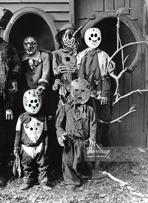 Image similar to photograph from 1909 of Halloween trick or treaters wearing Jason Voorhees costumes and Freddy Krueger costumes, highly detailed, vintage film