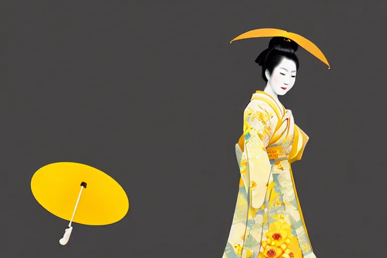 Image similar to surreal fullbody Portrait of japanese geisha with yellow umbrella in dmt chromatic misty enviroment, elegant, highly detailed, smooth, sharp focus, illustration, beautiful, geometric, dmt trending on artstation, cinematic, artwork by WLOP