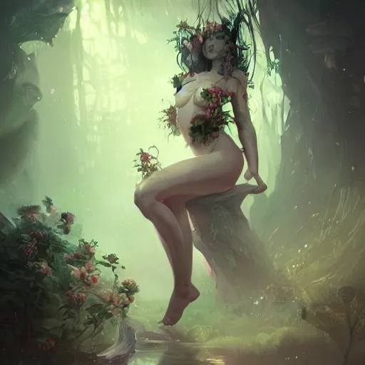 Prompt: Portrait of a dark fantasy nymph, flowers and plants surrounding, stunning, concept art, artstation, dramatic lighting, by Wlop