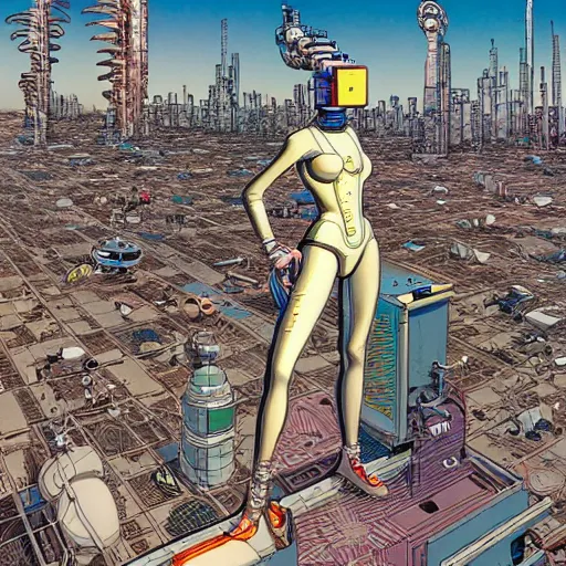 Prompt: a beautiful highly detailed futuristic mechanical lady, cyberpunk rooftop on jupiter, filled with people,, art by geof darrow,