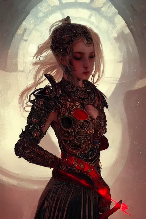 Prompt: portrait knights of Zodiac girl+smoky eyes, black fire red color reflected armor, in ruined Agora of Athens rainy night, ssci-fi and fantasy, intricate and very very beautiful and elegant, highly detailed, digital painting, artstation, concept art, smooth and sharp focus, illustration, art by tian zi and WLOP and alphonse mucha