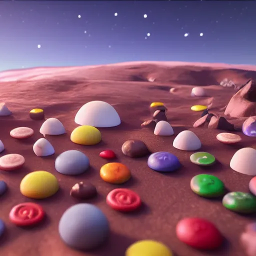 Image similar to a realistic planet made of candy with sea of milk and chocolate mountains, super realistic, unreal engine, octane render, 8 k