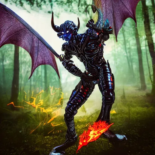 Image similar to half-cyborg human hero warrior with a flaming sword fighting off a winged draconoid demon in a magical forest, in an elven urban area. Fantasy style, photorealistic, 55mm lens