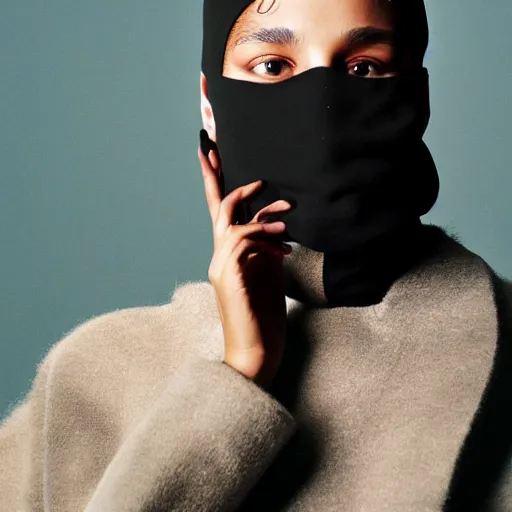 Image similar to realistic photoshooting for a new balenciaga lookbook, color film photography, portrait of a beautiful woman, model is wearing a balaclava mask, in style of tyler mitchell, 3 5 mm,