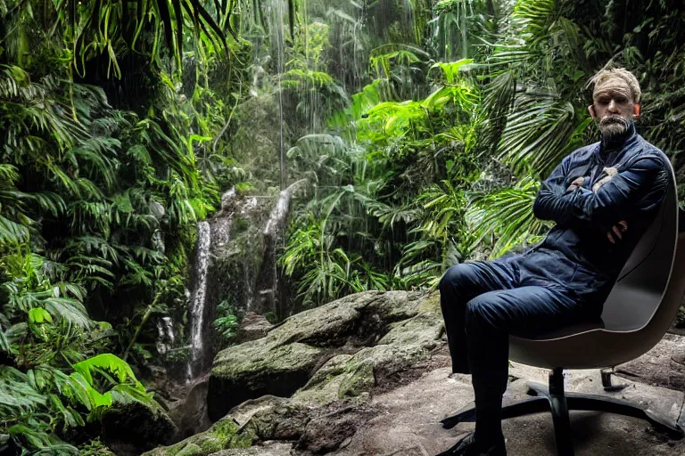 Image similar to movie closeup young man with a grey beard in a cyberpunk suit sitting on a futuristic chair at the edge of a jungle waterfall 8 5 mm by emmanuel lubezki