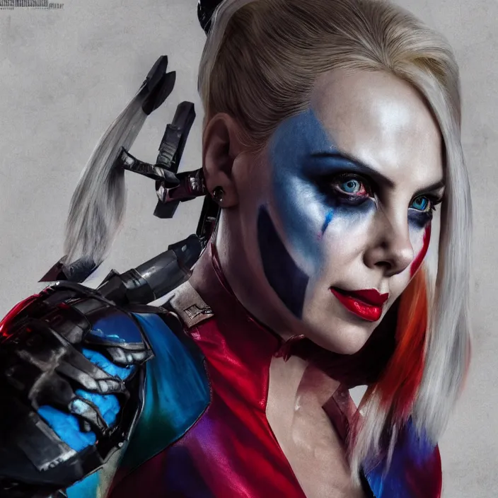 Image similar to portrait of Charlize Theron as a harley quinn in Suicide Squad. intricate abstract. intricate artwork. by Tooth Wu, wlop, beeple, dan mumford. octane render, trending on artstation, greg rutkowski very coherent symmetrical artwork. cinematic, hyper realism, high detail, octane render, 8k, iridescent accents