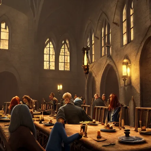 Prompt: hogwart harry potter, dinning room. just before the selection. people eating. artstation, photorealistic, hyperrealistic, cinematic, artstation, octane render, 8 k