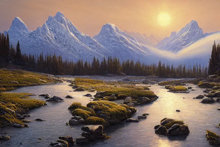 Prompt: an epic landscape painting of the three sisters mountains in canada, with snow on its peak, at sunrise in springtime, with a small river in the foreground, painted by x, atmospheric, volumetric lighting, rolling fog, breathtaking, highly detailed, painted by ted nasmith