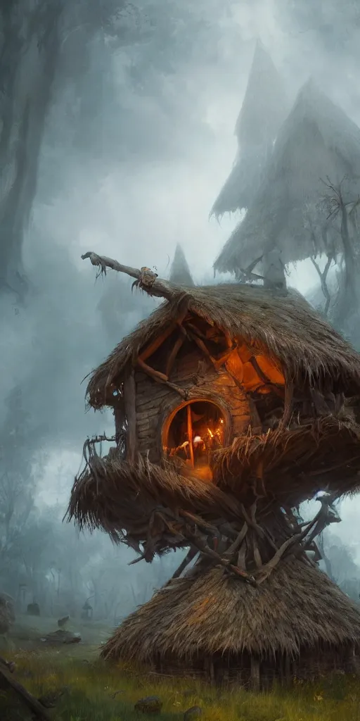 Prompt: a witch hut, greg rutkowski, zabrocki, karlkka, jayison devadas, trending on artstation, 8 k, ultra wide angle, zenith view, pincushion lens effect