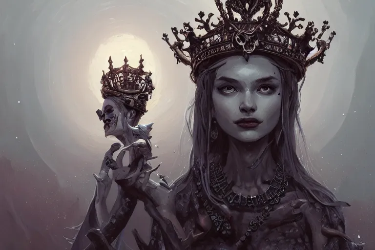 Prompt: a portrait of the bone goddess with a crown of skulls, full figure, intricate, gothic, highly detailed, digital painting, artstation, smooth, sharp focus, illustration, art by greg rutkowski, loish, rhads, makoto shinkai and lois van baarle, ilya kuvshinov, rossdraws