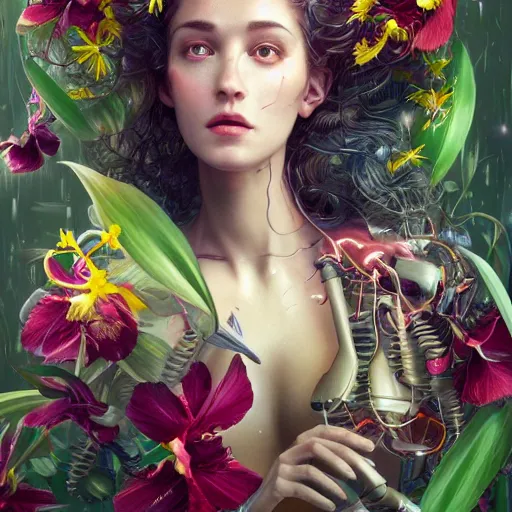 Image similar to a beautiful fine art portrait photo of a resting futuristic cyborg, wavy hair spread out, surrounded by hibiscus, daffodils, moth orchids, montsera leaves by tom bagshaw and zach sutton, soft lighting, very detailed, bionic, robotic, deep depth of field, artstation, 4K