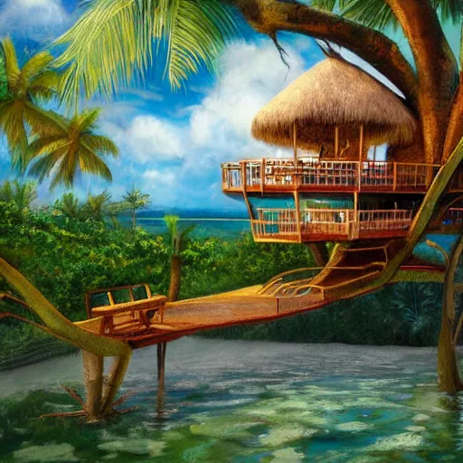 Prompt: fancy tropical treehouse on the beach of a floating island in the sky detailed photo realistic magical realism painting 8k