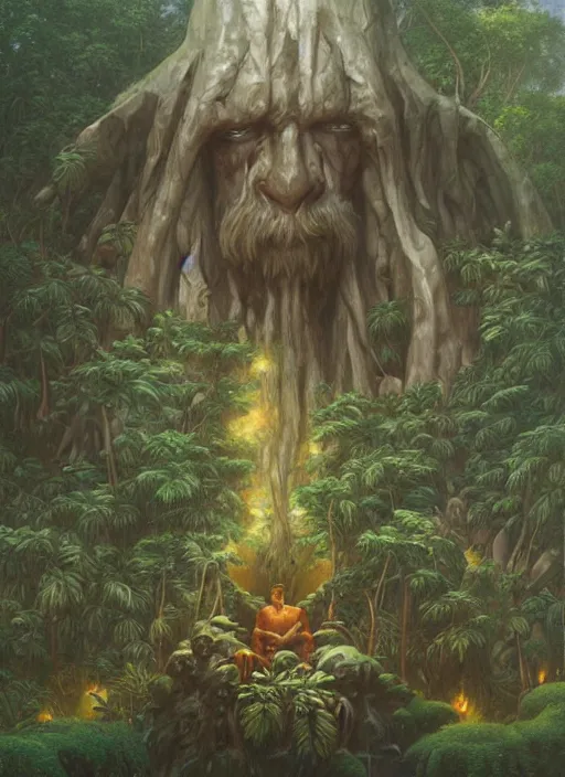 Image similar to a shaman sitting in the jungle, with giant faces of ancestors behind him, hyper detailed, art by christophe vacher