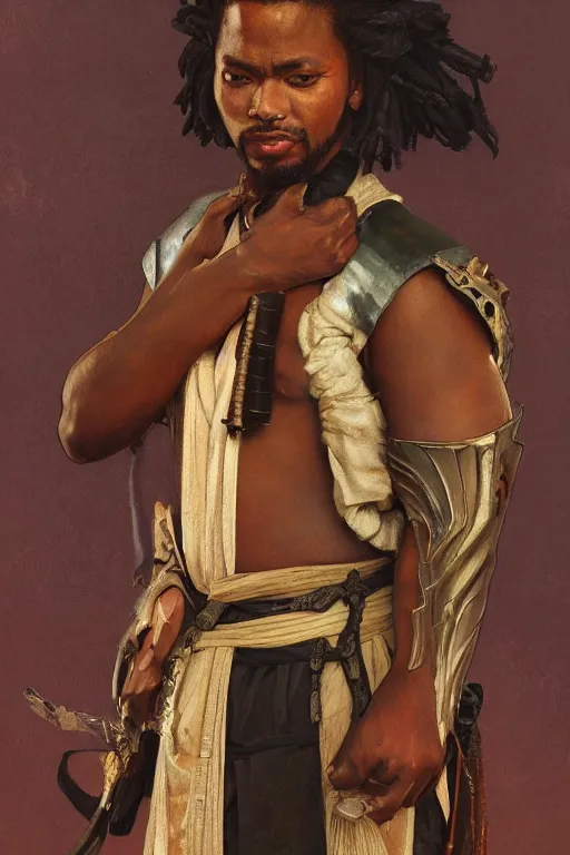 Image similar to a full body fantasy portrait oil painting illustration of an African samurai by Justin Sweet and Greg Rutkowski and Alphonse Mucha with face and body clearly visible, visible pupils, d&d, rpg, forgotten realms, artstation trending, high quality, sombre mood, artstation trending, muted colours, no crop, entire character!,