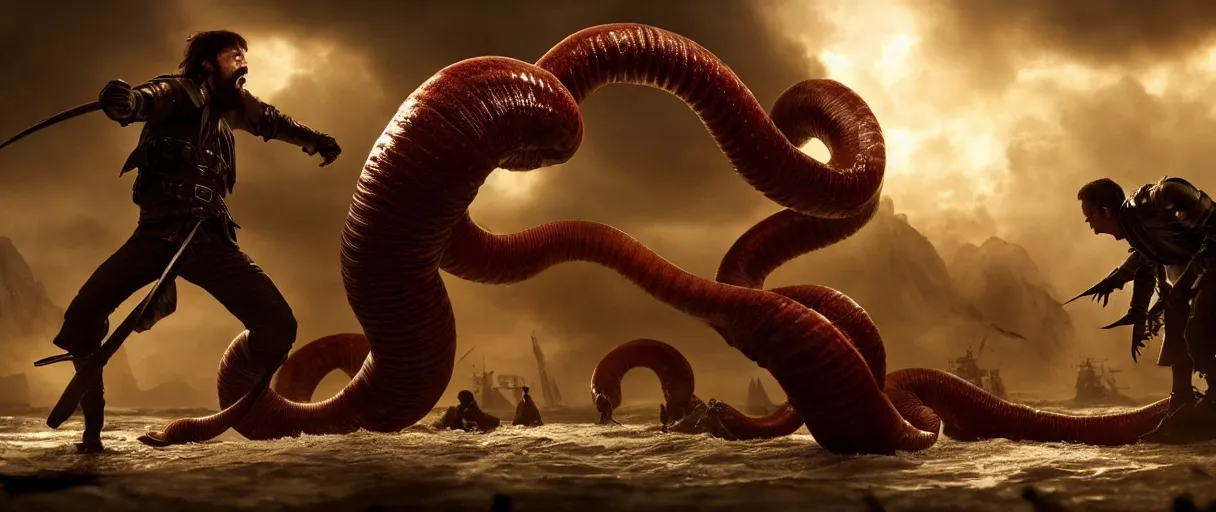 Image similar to pirates fighting giant screaming worm, cinematic atmosphere, maximized, high detail, 8k, ornate, dark fantasy, masterpiece, complex, film still from the movie directed by Denis Villeneuve