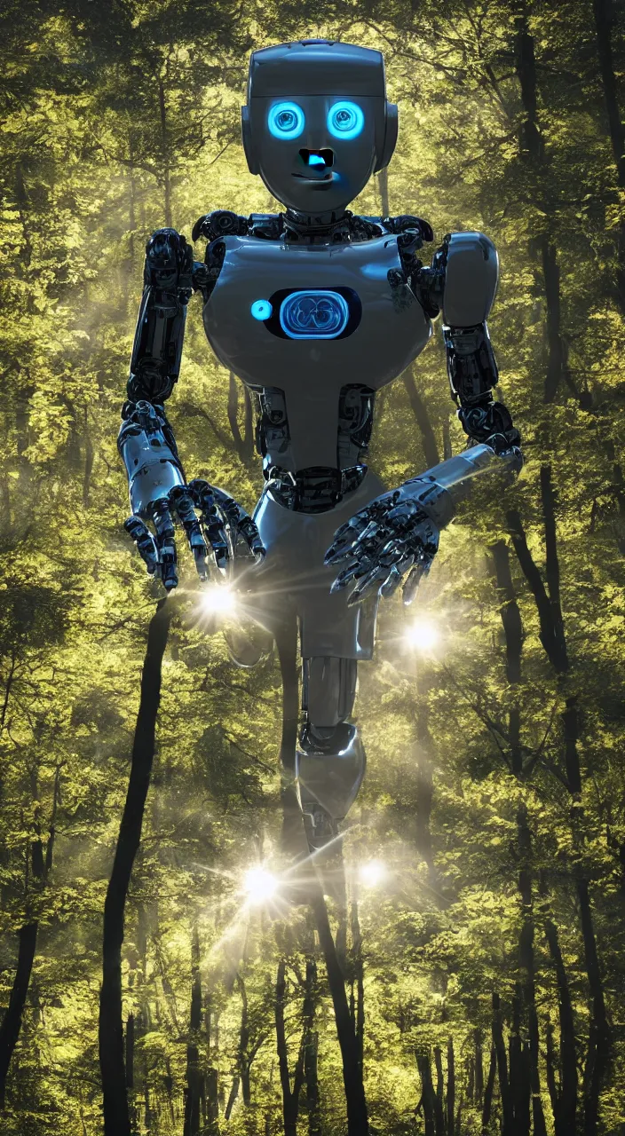 Image similar to a robot portrait in a movie, forest, cinematic shot, sun beams