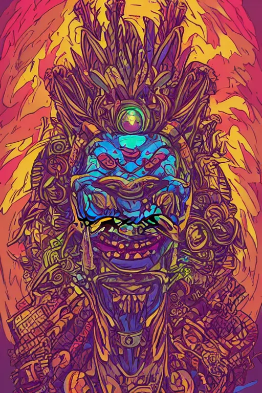 Image similar to totem animal mask tribal feather gemstone plant wood rock shaman vodoo video game vector illustration vivid multicolor borderlands comics by josan gonzales and dan mumford radiating a glowing aura