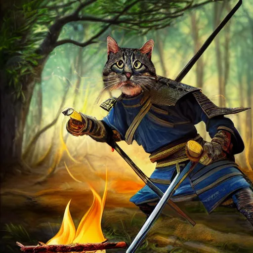 Image similar to samurai anthropomorphic cat sharpening a sword near a fire in the woods, photorealistic, intricate, highly detailed, smooth, sharp focus, digital painting,