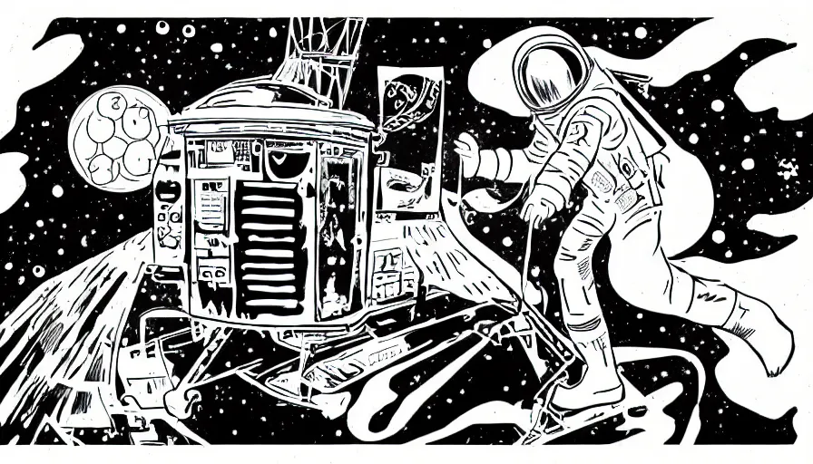 Image similar to travel to the moon in a dream, style of graphic novel, style of will eisner, black outline, on white, smooth, thin sharp lines, detailed