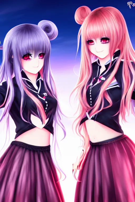 Image similar to two beautiful female idols with twintails facing each other, dark background, detailed anime art